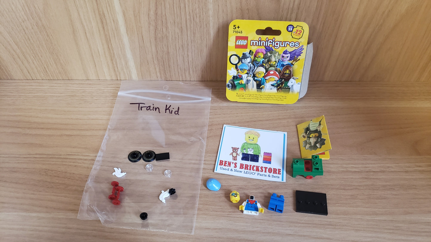 New, Complete LEGO® Collectible Minifigures Set col25-10 - Train Kid, Series 25 (Complete Set with Stand and Accessories)