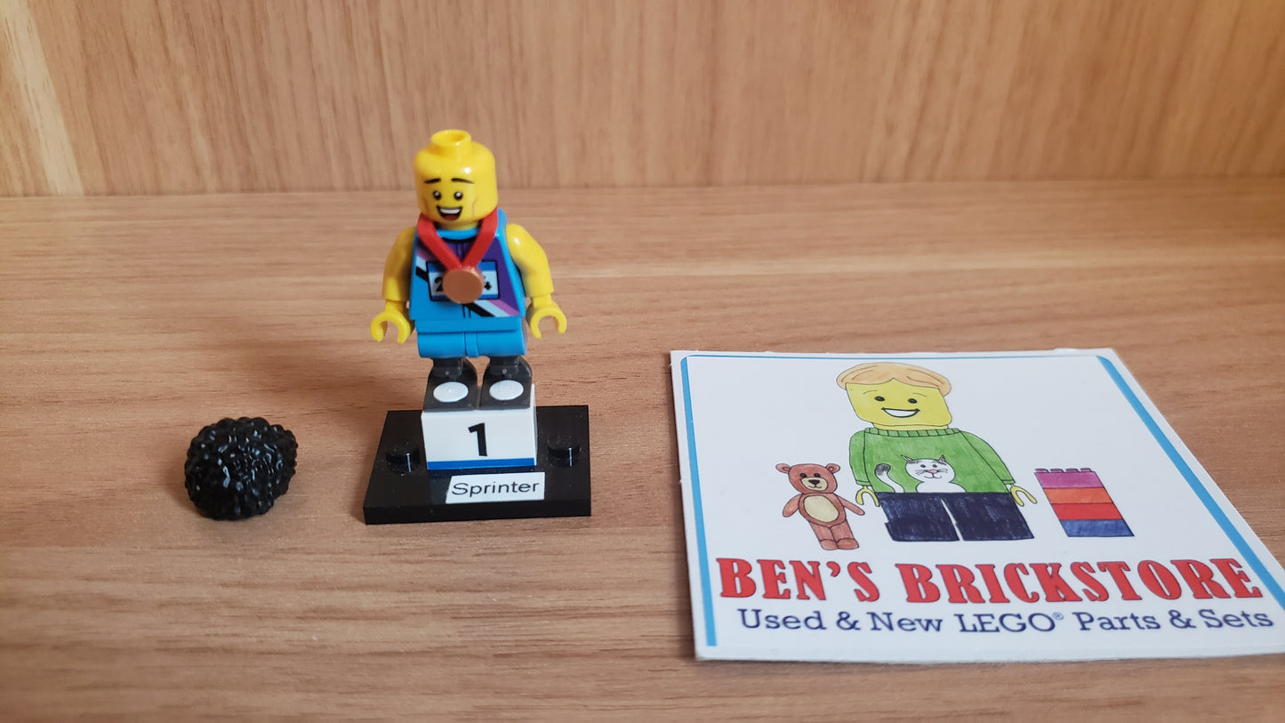 New, Complete LEGO® Collectible Minifigures Set col25-4 - Sprinter, Series 25 (Complete Set with Stand and Accessories)