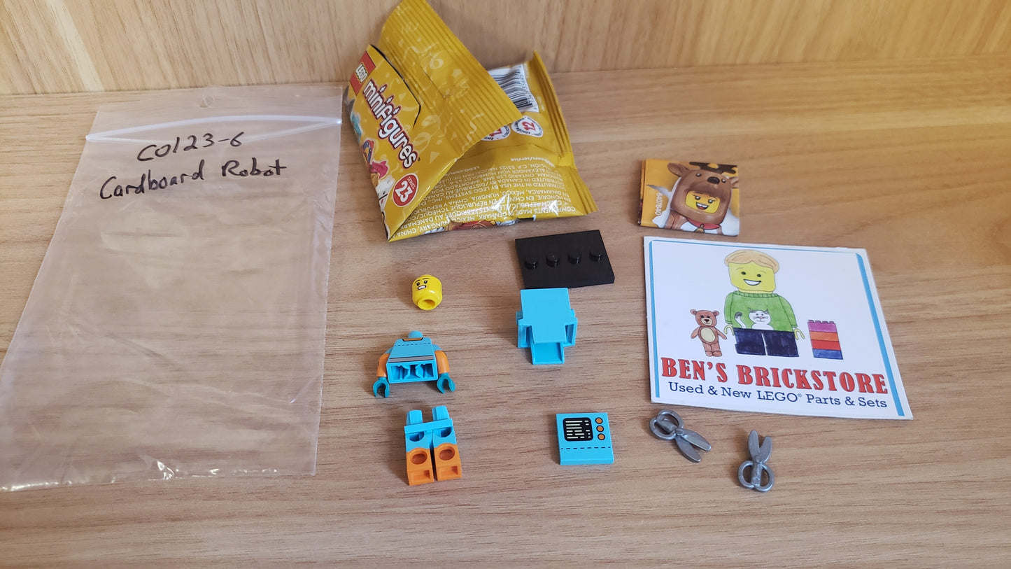 New, Complete LEGO® Collectible Minifigures col23-6 - Cardboard Robot, Series 23 (Complete Set with Stand and Accessories)