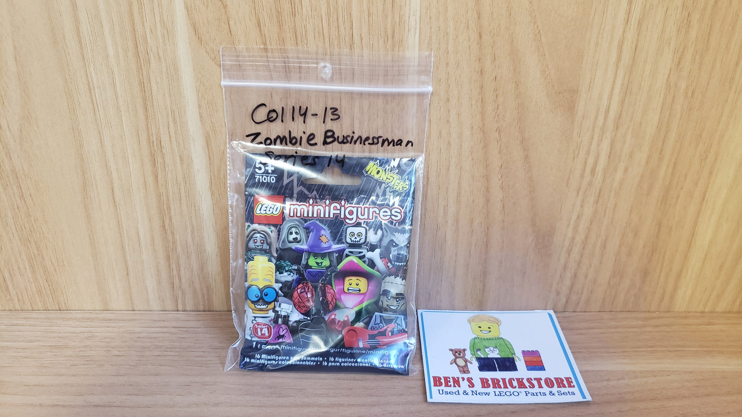 New, Sealed LEGO® Collectible Minifigures Set col14-13 - Zombie Businessman, Series 14 (Complete Set with Stand and Accessories)
