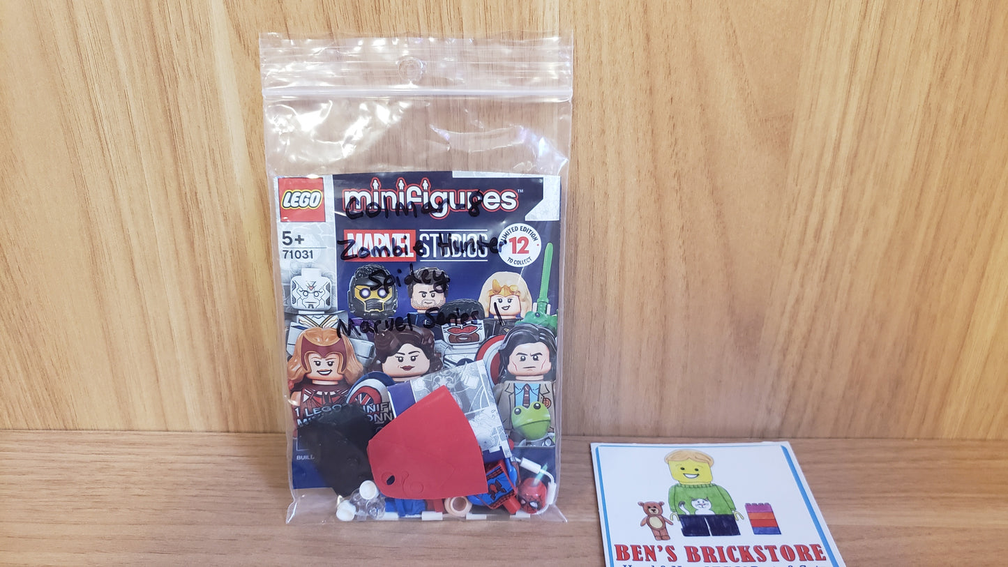 New, Complete LEGO® Collectible Minifigures Set colmar-8 - Zombie Hunter Spidey, Marvel Studios, Series 1 (Complete Set with Stand and Accessories)